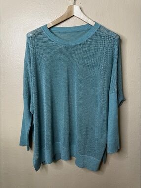 Planet by Lauren G OS Teal Metallic Open Knit Poncho Sweater Pima Cotton Modal
